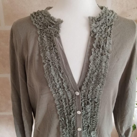 Talbots Sweaters - Talbots Olive Ruffle Trim Cardigan Sweater Sage Green Grey Sz Medium NEW NWOT
